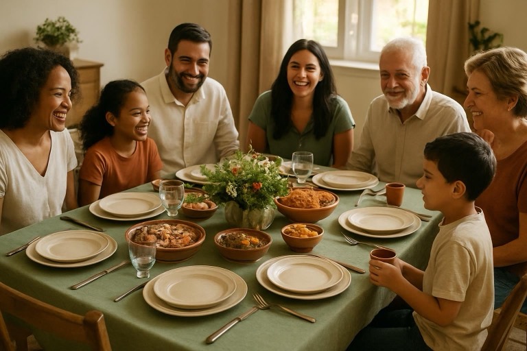 Família reunida em volta de uma mesa posta para o almoço de domingo